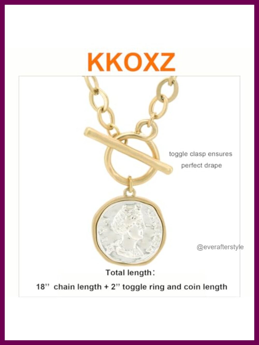 18K Gold Plated Chunky Coin Pendant Necklace, Toggle Chain - Picture 5 of 6